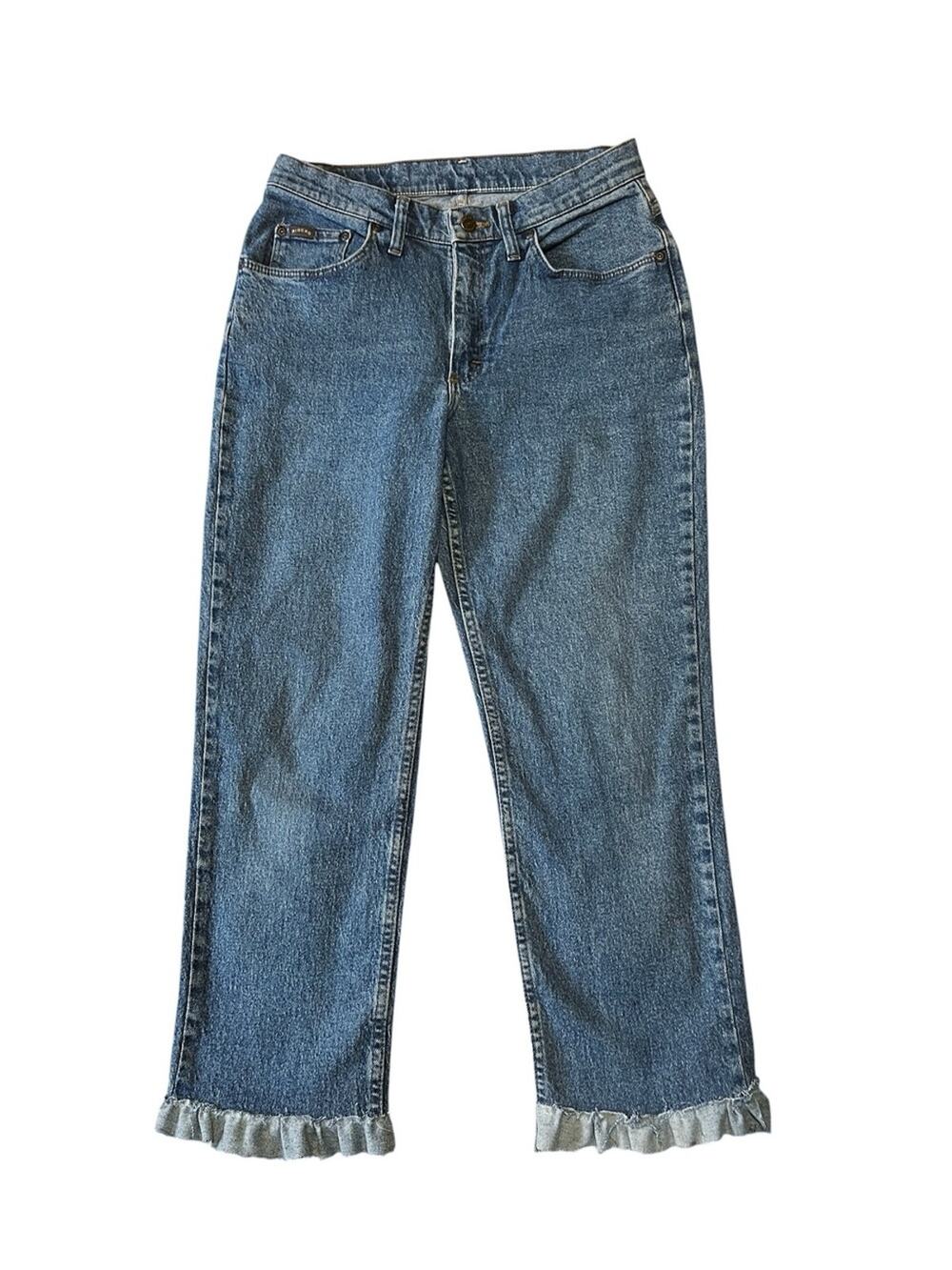 Vintage Rider Blue Women's Jeans with Upcycled Ruffle Hem 10